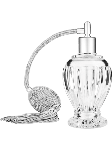 Diva design 100 ml, 3 1/2oz  clear glass bottle  with Silver vintage style bulb sprayer with tassel with matte silver collar cap.