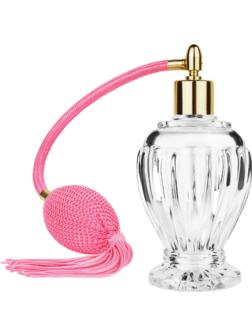 Diva design 100 ml, 3 1/2oz  clear glass bottle  with Pink vintage style bulb sprayer with tassel with shiny gold collar cap.