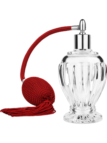 Diva design 100 ml, 3 1/2oz  clear glass bottle  with Red vintage style bulb sprayer with tassel with shiny silver collar cap.