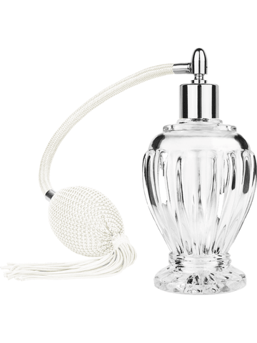 Diva design 100 ml, 3 1/2oz  clear glass bottle  with White vintage style bulb sprayer with tassel with shiny silver collar cap.