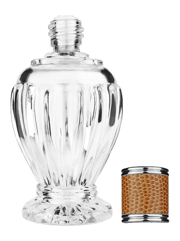 Diva design 100 ml, 3 1/2oz  clear glass bottle  with reducer and brown faux leather cap.