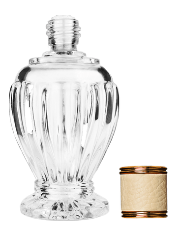 Diva design 100 ml, 3 1/2oz  clear glass bottle  with reducer with ivory faux leather cap.