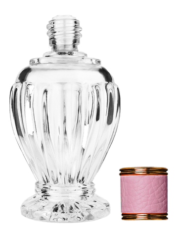 Diva design 100 ml, 3 1/2oz  clear glass bottle  with reducer with pink faux leather cap.