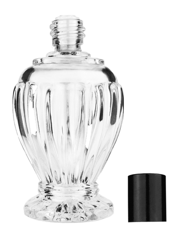 Diva design 100 ml, 3 1/2oz  clear glass bottle  with reducer and tall black shiny cap.