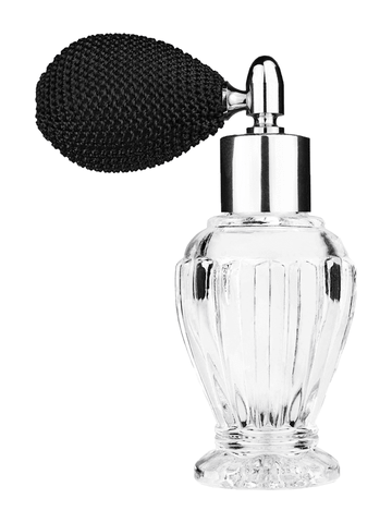 Diva design 30 ml, 1oz  clear glass bottle  with black vintage style bulb sprayer with shiny silver collar cap.