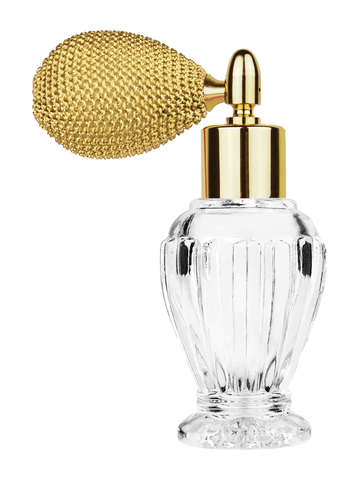 Diva design 30 ml, 1oz  clear glass bottle  with gold vintage style sprayer with shiny gold collar cap.