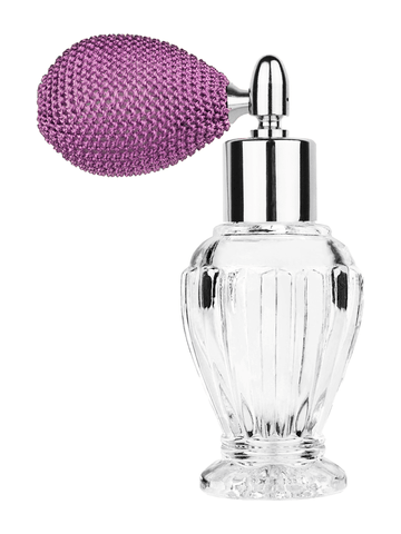 Diva design 30 ml, 1oz  clear glass bottle  with lavender vintage style bulb sprayer with shiny silver collar cap.