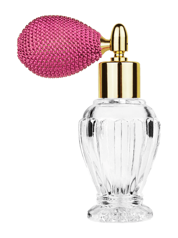 Diva design 30 ml, 1oz  clear glass bottle  with pink vintage style bulb sprayer with shiny gold collar cap.