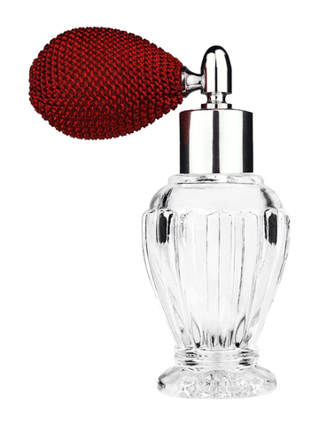 Diva design 30 ml, 1oz  clear glass bottle  with red vintage style bulb sprayer with shiny silver collar cap.