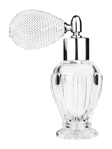 Diva design 30 ml, 1oz  clear glass bottle  with white vintage style bulb sprayer with shiny silver collar cap.