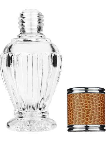 Diva design 30 ml, 1oz  clear glass bottle  with reducer and brown faux leather cap.