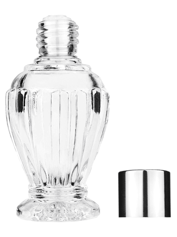 Diva design 30 ml, 1oz  clear glass bottle  with reducer and shiny silver cap.