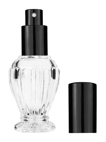 Diva design 30 ml, 1oz  clear glass bottle  with shiny black spray pump.