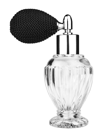 Diva design 46 ml, 1.64oz  clear glass bottle  with black vintage style bulb sprayer with shiny silver collar cap.