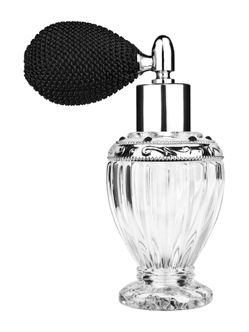 Diva design 46 ml, 1.64oz clear glass bottle with black vintage style bulb sprayer with shiny silver collar cap and jeweled silver ring.