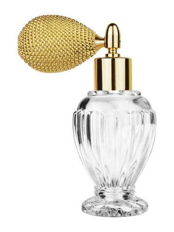 Diva design 46 ml, 1.64oz  clear glass bottle  with gold vintage style sprayer with shiny gold collar cap.