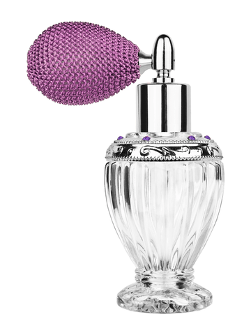 Diva design 46 ml, 1.64oz clear glass bottle with lavendar vintage style bulb sprayer with shiny silver collar cap and jeweled silver ring.