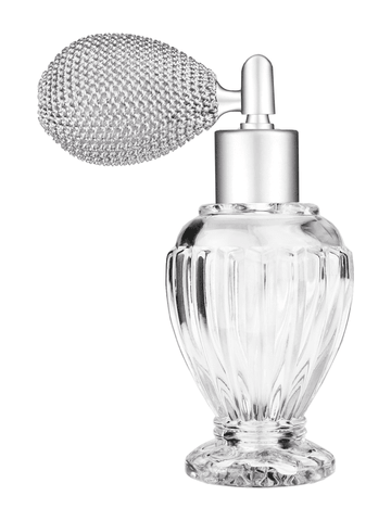 Diva design 46 ml, 1.64oz  clear glass bottle  with matte silver vintage style bulb sprayer with matte silver collar cap.