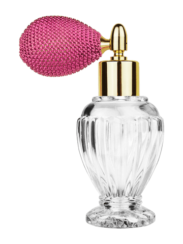 Diva design 46 ml, 1.64oz  clear glass bottle  with pink vintage style bulb sprayer with shiny gold collar cap.