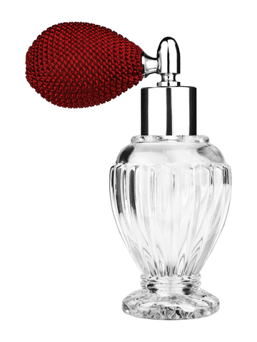 Diva design 46 ml, 1.64oz  clear glass bottle  with red vintage style bulb sprayer with shiny silver collar cap.