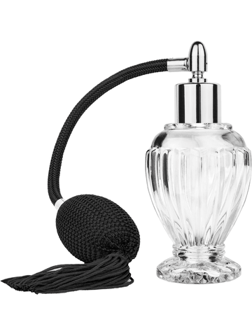 Diva design 46 ml, 1.64oz  clear glass bottle  with black vintage style bulb sprayer with tassel with shiny silver collar cap.