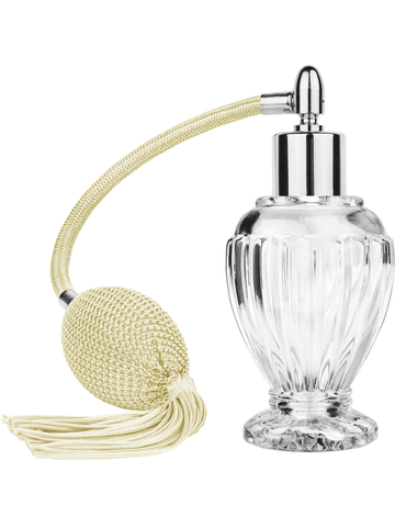 Diva design 46 ml, 1.64oz  clear glass bottle  with Ivory vintage style bulb sprayer with tassel with shiny silver collar cap.
