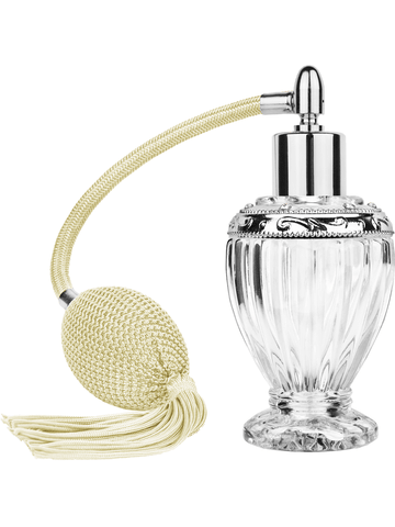 Diva design 46 ml, 1.64oz  clear glass bottle  with Ivory vintage style bulb sprayer with tassel with shiny silver collar cap and jeweled silver ring.