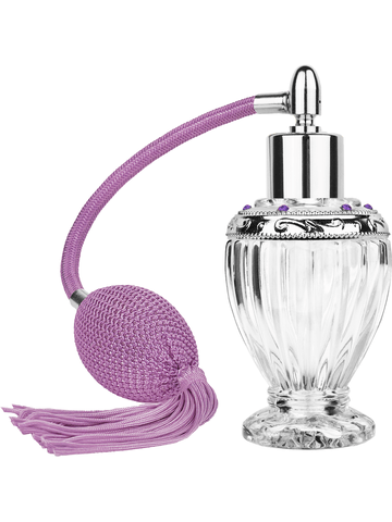 Diva design 46 ml, 1.64oz  clear glass bottle  with lavendar vintage style bulb sprayer with shiny silver collar cap and jeweled silver ring.