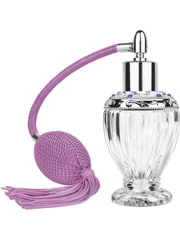 Diva design 46 ml, 1.64oz  clear glass bottle  with lavender vintage style bulb sprayer with tassel with shiny silver collar cap and jeweled silver ring.