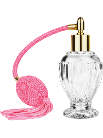 Diva design 46 ml, 1.64oz  clear glass bottle with pink vintage style bulb sprayer with tassel with shiny gold collar cap.