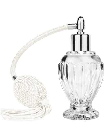Diva design 46 ml, 1.64oz  clear glass bottle  with white vintage style bulb sprayer with tassel with shiny silver collar cap.