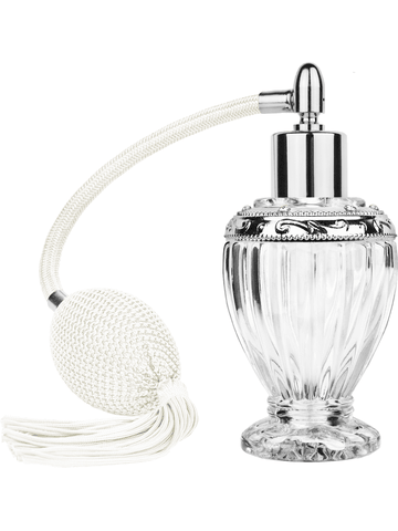 Diva design 46 ml, 1.64oz  clear glass bottle  with white vintage style bulb sprayer with tassel with shiny silver collar cap and jeweled silver ring.