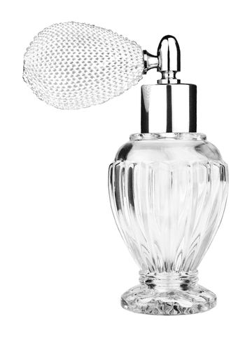 Diva design 46 ml, 1.64oz  clear glass bottle  with white vintage style bulb sprayer with shiny silver collar cap.