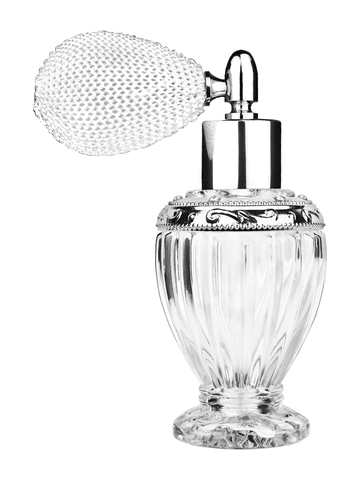 Diva design 46 ml, 1.64oz clear glass bottle with white vintage style bulb sprayer with shiny silver collar cap and jeweled silver ring.