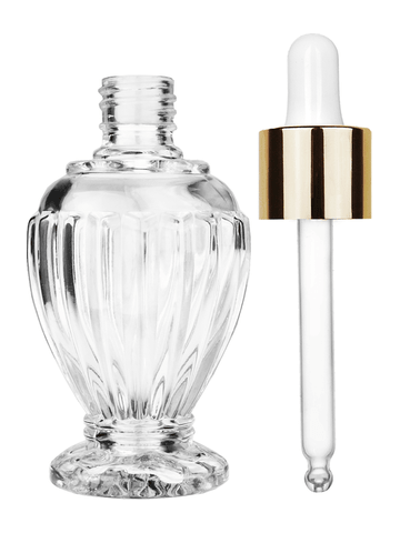 Diva design 46 ml, 1.64oz  clear glass bottle  with white dropper with shiny gold collar cap.