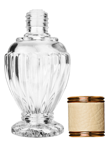 Diva design 46 ml, 1.64oz  clear glass bottle  with reducer and ivory faux leather cap.