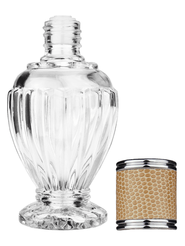 Diva design 46 ml, 1.64oz  clear glass bottle  with reducer and light brown faux leather cap.