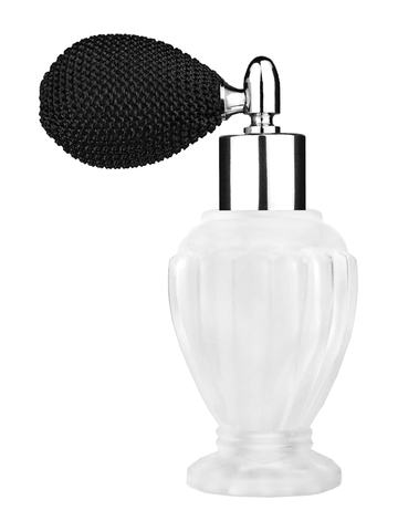 Diva design 46 ml, 1.64oz frosted glass bottle with black vintage style bulb sprayer with shiny silver collar cap.