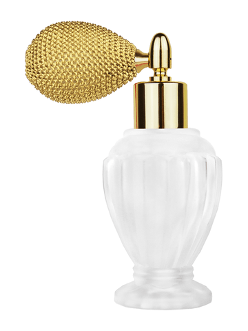 Diva design 46 ml, 1.64oz frosted glass bottle with gold vintage style sprayer with shiny gold collar cap.