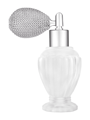 Diva design 46 ml, 1.64oz frosted glass bottle with matte silver vintage style sprayer with matte silver collar cap.
