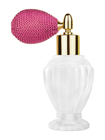 ***OUT OF STOCK***Diva design 46 ml, 1.64oz frosted glass bottle with pink vintage style bulb sprayer with shiny gold collar cap.
