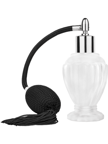 Diva design 46 ml, 1.64oz frosted glass bottle with Black vintage style bulb sprayer with tassel with shiny silver collar cap.
