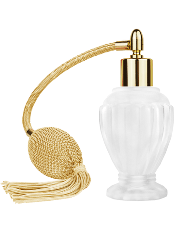 Diva design 46 ml, 1.64oz frosted glass bottle with Gold vintage style bulb sprayer with tassel with shiny gold collar cap.