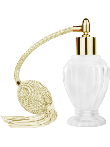 Diva design 46 ml, 1.64oz frosted glass bottle with Ivory vintage style bulb sprayer with tassel with shiny gold collar cap.