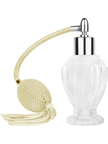 Diva design 46 ml, 1.64oz frosted glass bottle with Ivory vintage style bulb sprayer with tassel with shiny silver collar cap.