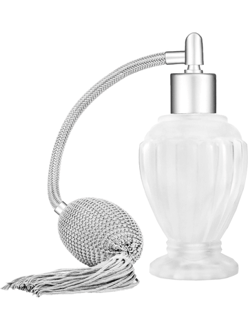 Diva design 46 ml, 1.64oz frosted glass bottle with Silver vintage style bulb sprayer with tassel with matte silver collar cap.