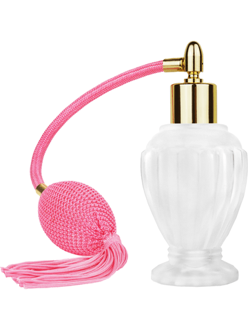 Diva design 46 ml, 1.64oz frosted glass bottle with Pink vintage style bulb sprayer with tassel with shiny gold collar cap.