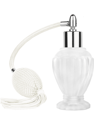 Diva design 46 ml, 1.64oz frosted glass bottle with White vintage style bulb sprayer with tassel with shiny silver collar cap.