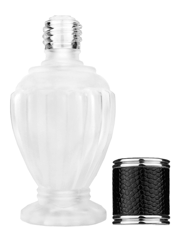 Diva design 46 ml, 1.64oz frosted glass bottle with reducer and black faux leather cap.