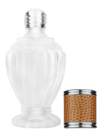 Diva design 46 ml, 1.64oz frosted glass bottle with reducer and brown faux leather cap.